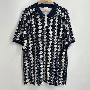 NWT J Crew oarsman navy terry cloth diamond block print  collared polo shirt XXL